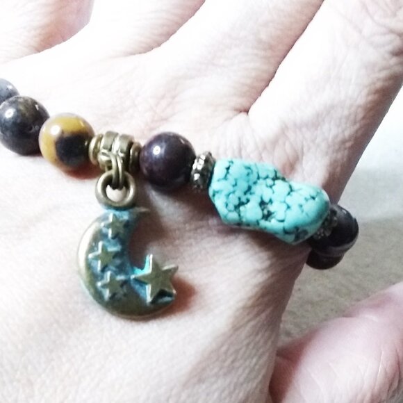 A Bit Hippie & A Bit Boho! Semi-Precious Stones Bracelet w. Moon Charm! 8" Wrist - Picture 6 of 13